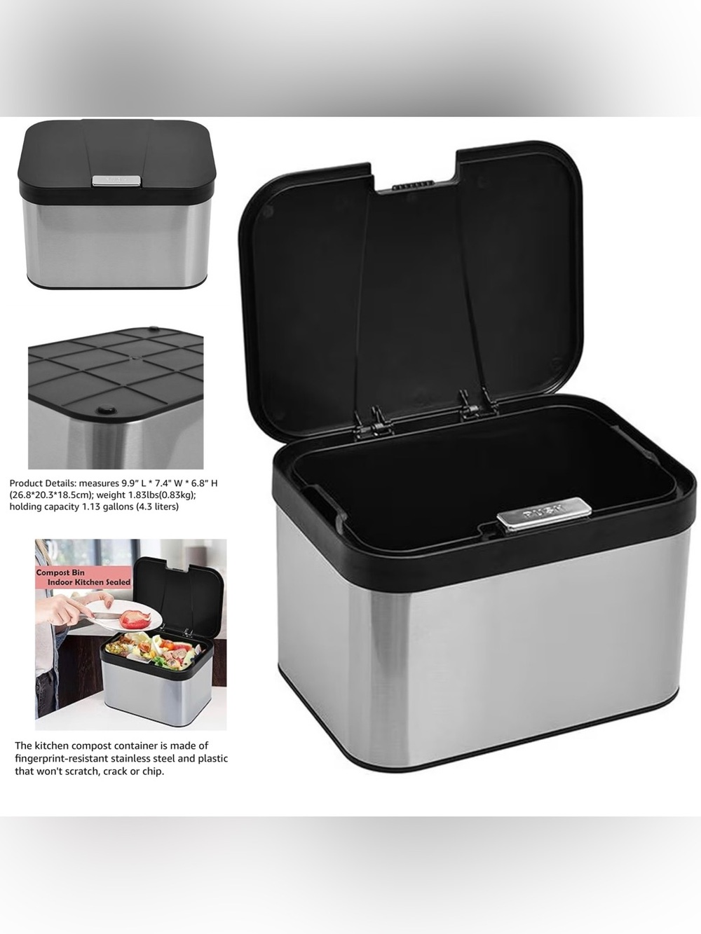 Stainless Steel Kitchen Compost Bin with Removable Inside Bin NWT in Box!
